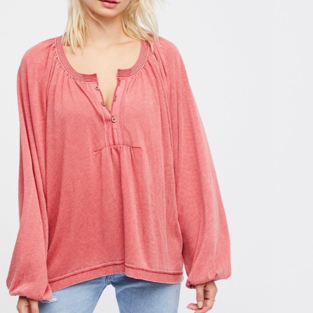 Free People Red We The Acadia Henley Long Sleeve Blouse, Size Small